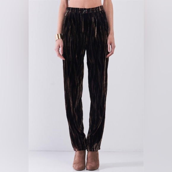NWT-Retro Brown Tiger Stripe Print Velvet Buttoned High Waist Balloon Pants - Picture 4 of 8